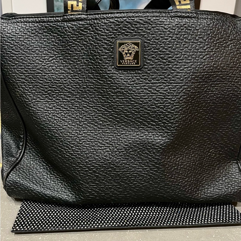 Versace Black Textured Leather Duffel Bag with Medusa Emblem